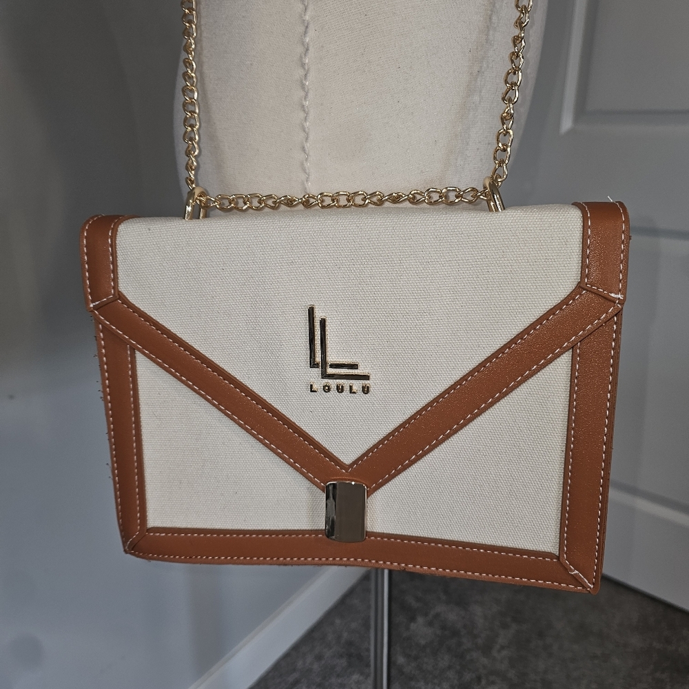 Loulu Canvas Crossbody Bag Gold Chain Tan Leather Trim Elegant‎ Envelope Design